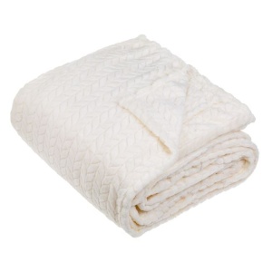 Patura catifelata la atingere pentru pat dublu, model reliefat tip impletitura, 230x220 cm, crem - Img 1
