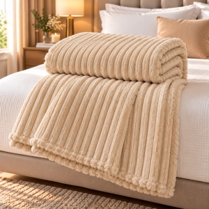 Pătură Cocolino Pufoasă și Catifelată, Model cu Dungi în Relief, 200x230 cm, Culoare Crem