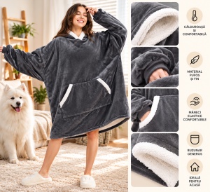 Patura Hanorac Oversize cu Gluga si Buzunar, Captuseala Pufoasa, Moale si Calduroasa, Unisex - Img 10