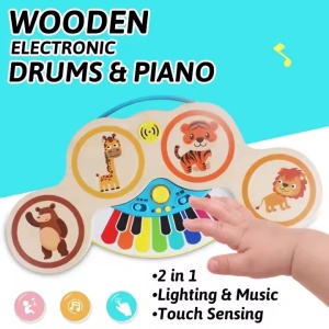 Pian si tobe din lemn, pentru copii 1 an+, 2 in 1, Magic Touch, cu sunete si lumini - Img 5