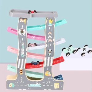 Pista cu 8 masinute, circuit cu rampe colorate, din lemn si plastic, pentru copii 3 ani+, 40x30cm, multicolor - Img 2