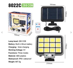 Proiector solar 288LED, 50W, senzor de miscare, HS-8022 telecomanda, 3 moduri de iluminare - Img 2