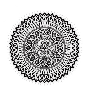 Prosop Rotund pentru Plaja, cu Model Mandala si Franjuri, Diametru 150cm, Alb-Negru - Img 1