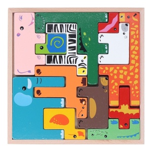 Puzzle 3D cu 13 figurine animale, de stivuire, pentru copii 3 ani+, din lemn, 19.6x19.6x1.5 cm, multicolor - Img 1