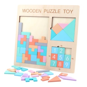 Puzzle cu forme si numere 3D, pentru copii 3 ani+, din lemn, 30x30 cm, Multicolor - Img 1