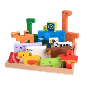 Puzzle educativ pentru copii 2 ani+, tip tetris 3D cu animale, din lemn, 19.6x19.6x1.5 cm, multicolor - Img 5