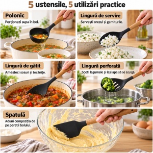 Set 12 piese ustensile de bucătărie, silicon negru, mânere din lemn, suport inclus - Img 3