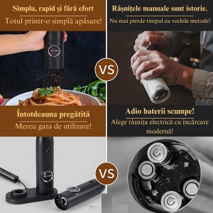 Set 2 rasnite electrice pentru condimente, Incarcare USB, Lumina LED, Culoare Negru - Img 6