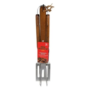Set 3 ustensile pentru gratar din otel inoxidabil cu maner din lemn, Cleste, Furculita si Spatula - Img 2