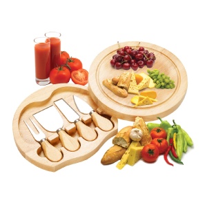 Set cu 4 cutite pentru branza cu suport, tocator si manere din lemn, lame din otel, maro deschis - Img 1