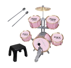 Set cu 5 tobe de jazz, un chimval metalic, 2 ciocane si un scaunel, pentru copii 3 ani+, verde/roz - Img 2