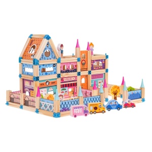 Set de constructie cu 278 de piese din lemn natural si plastic pentru copii