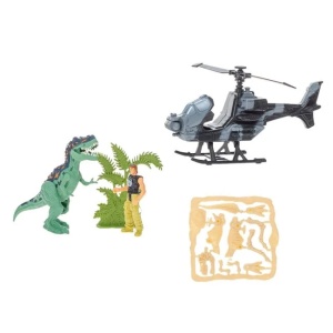 Set de joaca cu dinozauri si elicopter, cu figurine barbat si fosila