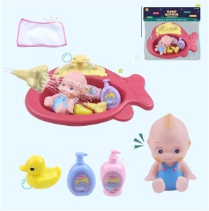 Set de joaca pentru copii 3+ ani, cu cadita in forma de peste, bebelus si accesorii baie, stropeste cu apa, 34x34 cm, multicolor - Img 3