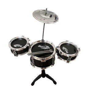Set de tobe jazz de jucarie, din 4 piese, cu scaun, pentru copii 3+ ani, 55x54x30cm, negru-gri - Img 3