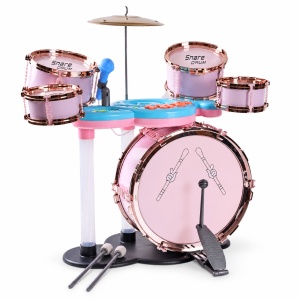 Set Tobe Jazz pentru Copii, 5 Tobe, 12 Moduri Muzicale, Lumini, Conectare Microfon și Căști, Volum Reglabil, Scăunel și Bețe, 3 Ani+, Roz/Verde - Img 1
