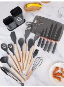 Set ustensile bucatarie Welora 19 piese Lemn si Silicon alimentar, Cutite, Tocator, Termorezistente, Antiaderente, Suport Blat, Negru/Gri/Turcoaz - Img 5