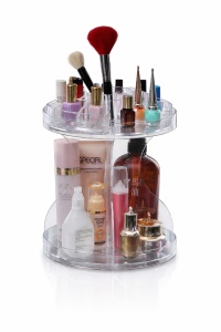 Suport acrilic pentru cosmetice, Rotativ pe 2 nivele, Dimensiune 25x25cm, Transparent