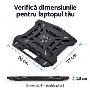 Suport laptop pliabil, 8 trepte de înclinare, Platforma perforata, Suport pentru telefon, Negru - Img 3