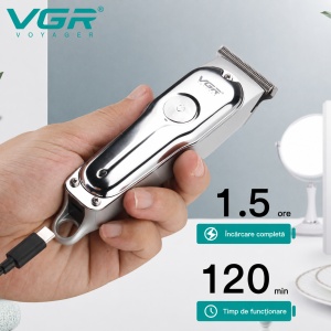 Trimmer Profesional VGR V-071, Lama T din Otel Inoxidabil, Autonomie 120 Minute, Incarcare USB, 3 Piepteni Inclusi, Argintiu - Img 3