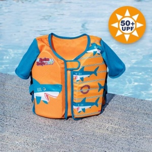 Vesta Inot cu Maneci pentru Copii 1-3 Ani, Bestway, Model Rechin, din Spuma, Protectie Solara, Portocaliu-Albastru - Img 2