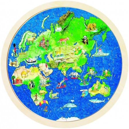 Puzzle rotund din lemn Goki Globul pamantesc