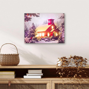 Tablou iluminat 6 leduri cu timer - 30x40cm - print digital pe canvas - capela rosie iarna - Img 4