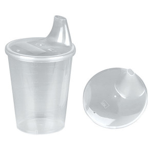 Pahar cu maner 250 ml si capac antiscurgere cu gura de 12mm - din plastic transparent - Img 2