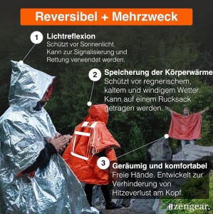 Patura hipotermie aZENGEAR tip poncho 2 fete argintiu/orange - din Mylar - impermeabila, cu gluga - rezistenta la vant, in Kit de salvare - 100x130 cm - Img 5