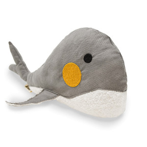 Jucarie caini WALTER din bumbac 100% BIO, umplut cu bumbac organic reciclat - figura balena - marime 34x14cm - gri galben alb
