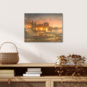 Tablou iluminat 4 leduri cu timer - 30x40cm - print digital pe canvas - casa veche langa lac - Img 2