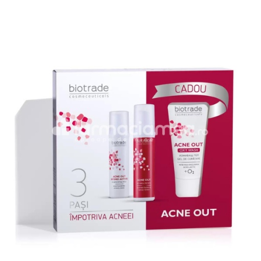 Acne out Hydro Active crema, 60ml + Acne out lotiune, 60ml + Acne out oxy wash, indicat in ameliorarea acneei, 50ml, Biotrade