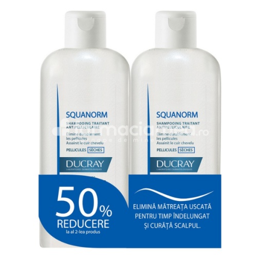 DUCRAY Squanorm Pachet sampon anti-matreata uscata, 200 ml, 2 flacoane 1+50%