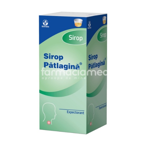 Sirop patlagina, cu efect expectorant, indicat in tratamentul traheo bronsitei, tuse productiva, de la 3 ani, flacon 100 ml, Biofarm
