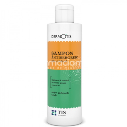Sampon antiseboreic cu ichtiol DermoTis, elimina matreata severa, scuamele grase, calmeaza epiderma inflamata, pruritul si eritemul pielii capului, 100ml, Tis Farmaceutic