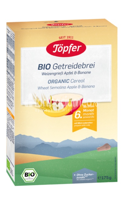 Cereale Bio gris de grau cu mere si banane, de la 6 luni, 175 g, Topfer