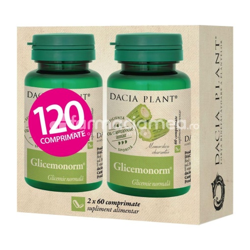 Glicemonorm Pachet, mentine in limite normale concentratia glucozei din sange, sustine secretia de insulina la nivelul pancreasului, 60 comprimate + 60 comprimate, Dacia Plant