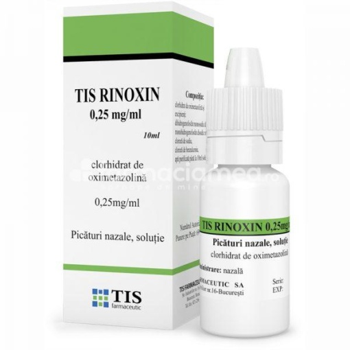Rinoxin 0,25mg/ml picaturi nazale solutie, contine clorhidrat de oximetazolina, indicat pentru decongestionarea nasului, copii peste 7 ani, 10ml, Tis Farmaceutic