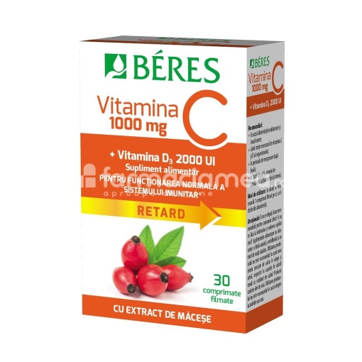 Vitamina C 1000 mg, Vitamina D3 2000 UI, sustine imunitatea, reduce oboseala si extenuarea, sprijina functionarea normala a sistemului nervos, 30 comprimate filmate, Beres