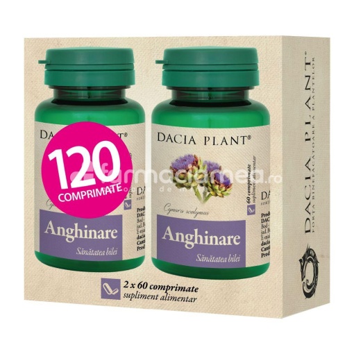 Anghinare Pachet, indicat in dischinezie biliara, insuficienta hepatica, hepatita cronica, hipercolesterolemie, 60 comprimate + 60 comprimate, Dacia Plant