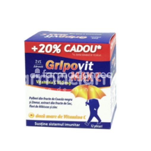 Gripovit Max C 850mg, indicat in gripa si raceala, 12 plicuri, Zdrovit