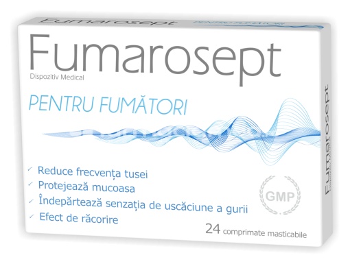 Fumarosept, contine extract de lichen de piatra si extract de nalba mare, recomandat fumatorilor si celor care au renuntat la fumat, calmeaza tusea fumatorului, protejeaza mucoasa, indeparteaza senzatia de uscaciune a gurii, efect racoritor, 24 de co