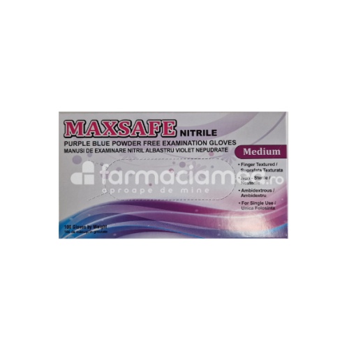 Maxsafe Manusi de Examinare Nitril Albastru Violet Nepudrate M, 100 bucati, Maxter Glove