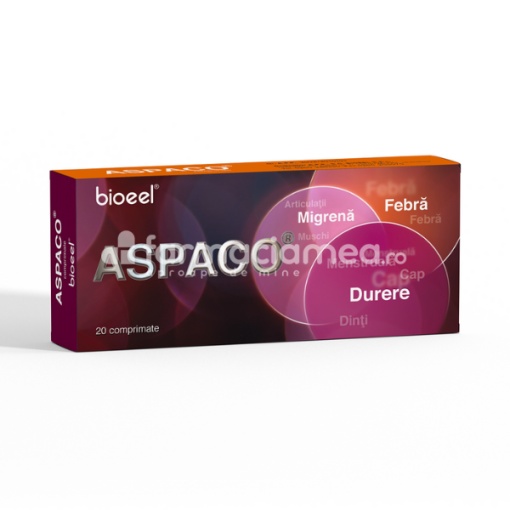 Aspaco, contine acid acetilsalicilic, paracetamol si codeina, indicat in tratamentul durerii, de la 15 ani, 20 de comprimate, Bioeel