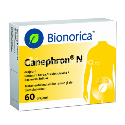 Canephron N supliment pentru tratarea infectiilor rinichilor, inlatura senzatia de arsura sau usturime care apare in timpul urinarii, reduce nevoie de a urina, are efect antiinflamator si antibacterian, 60 de drajeuri, Bionorica