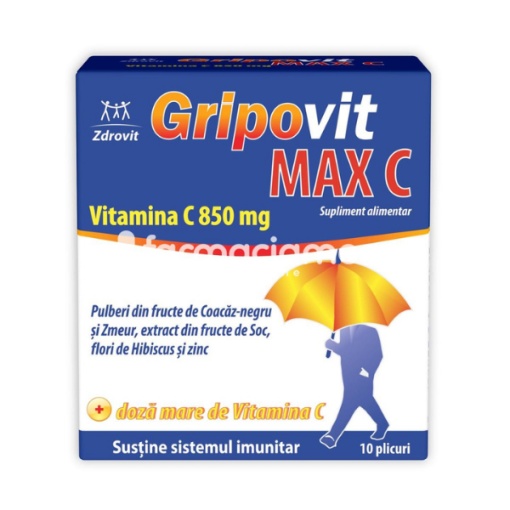 Gripovit Max C 850mg, indicat in gripa si raceala, 10 plicuri, Zdrovit