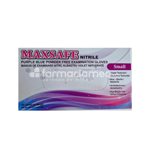 Maxsafe Manusi de Examinare Nitril Albastru Violet Nepudrate S, 100 bucati, Maxter Glove