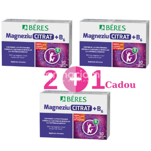 Magneziu Citrat + B6, comprimate filmate, Pachet 2+1Cadou, Beres