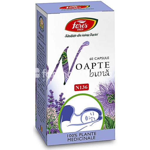 Noapte Buna N136, imbunatateste calitatea somnului, reduce starea de agitatie, iritabilitate, stres, 60 capsule, Fares
