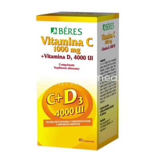 Vitamina C 1000 mg, Vitamina D3 4000 UI, sustine imunitate, 40 comprimate, Beres